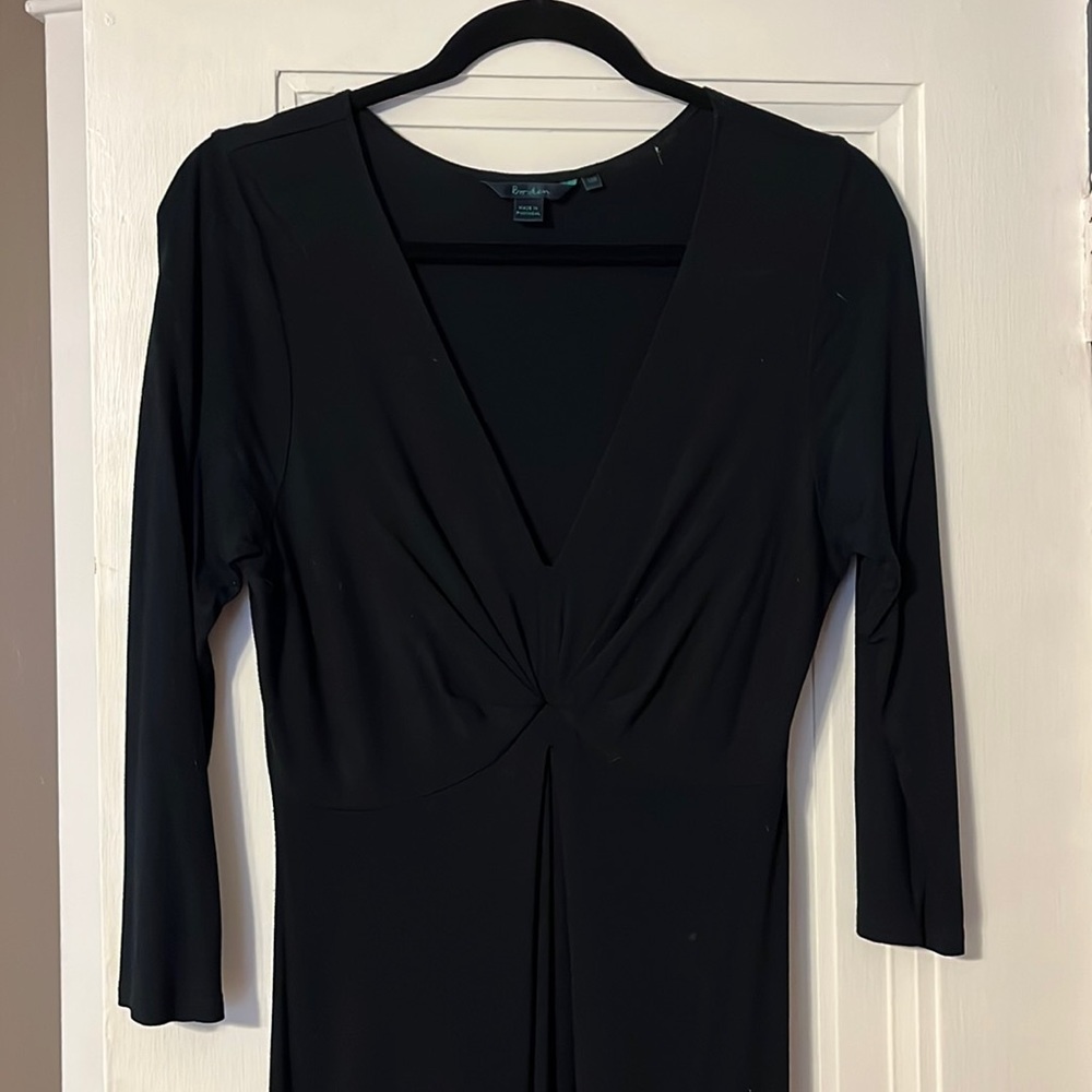 Black Faux Wrap Dress/ Vneck 3/4 Sleeve Knee Length Stretch.